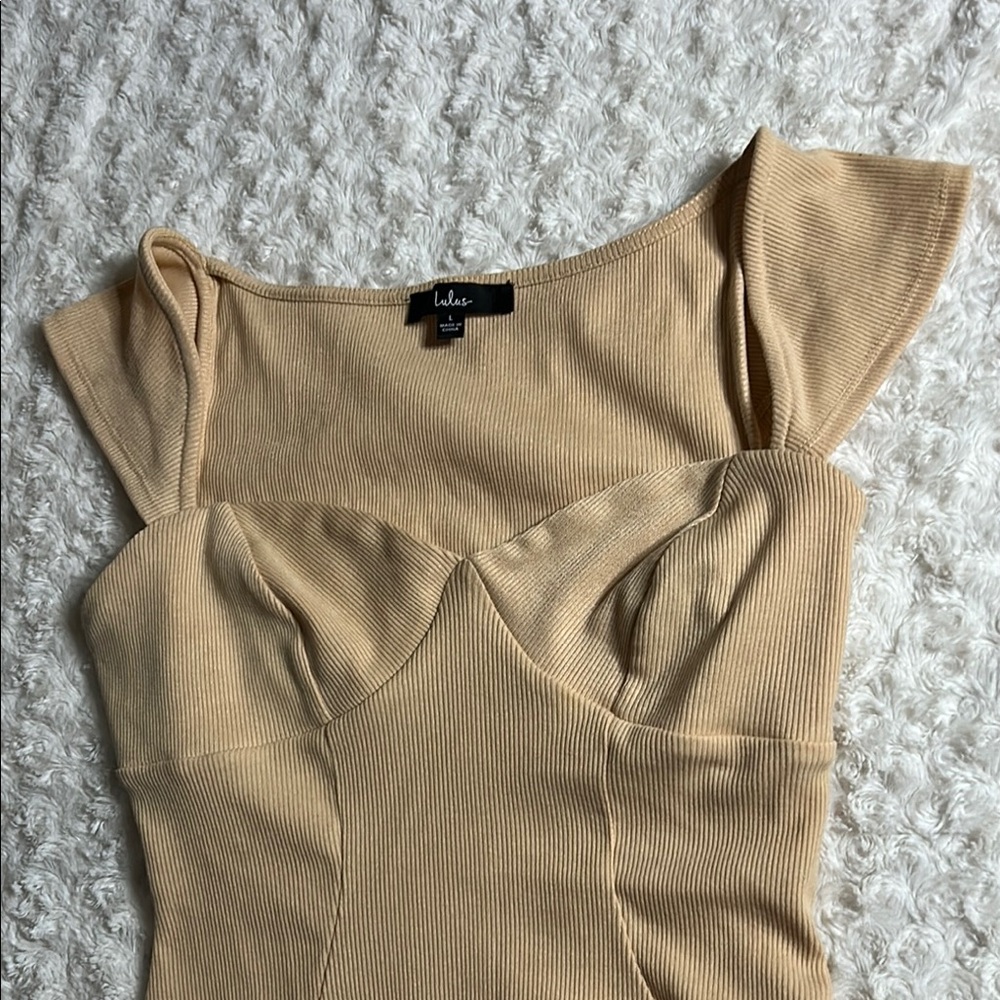 Lulu's Tan Ribbed Bodysuit with Cap Sleeves - Picture 6 of 7